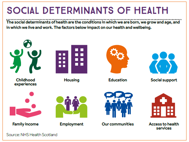 An infographic using 8 icons to represent each of the social determinants of health listed in the text below.